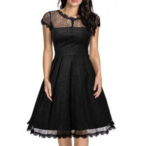 GIGILEER Black Lace Hollowout Round Neck Swing Evening Cocktail Dress | Size 2XL